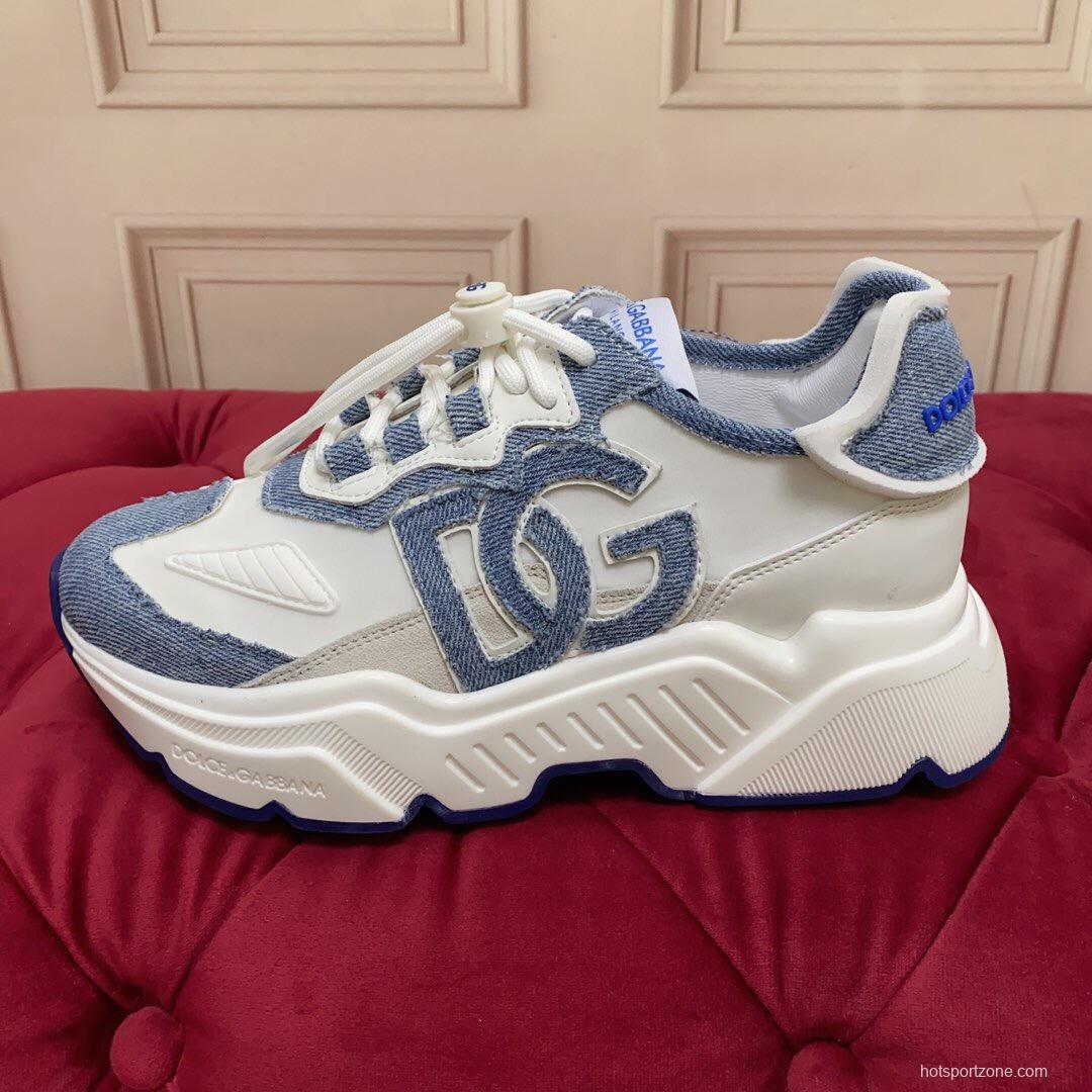 2025 Unisex Dolce & Gabbana White Blue Silk Leather Sneakers Exclusive Craft LY00330(F)/LY00340(M)