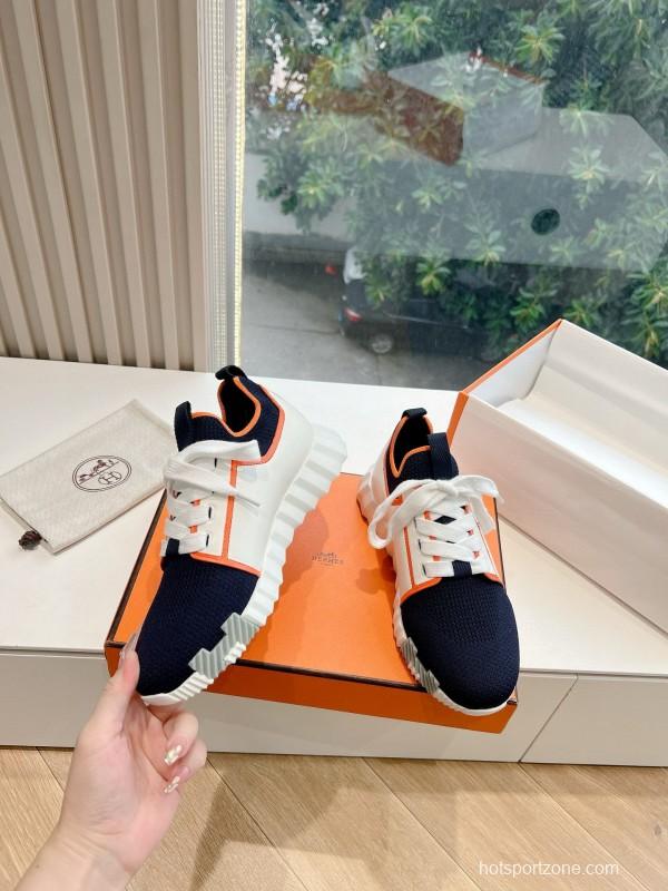 2024 Unisex Hermès 爱H Navy Orange Knit Leather Sneakers 