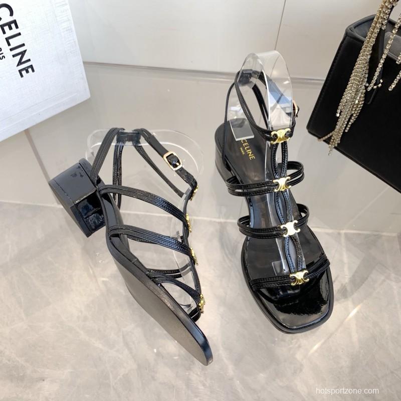 2025 Women Celine Black Patent Leather Sandals