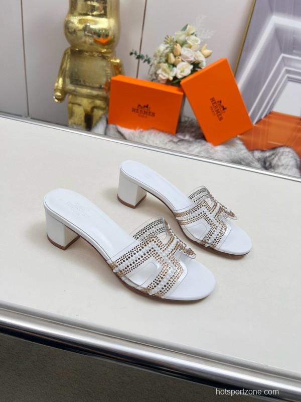 2025 Herme* White Leather Slippers Classic H Pattern MJ00180/215