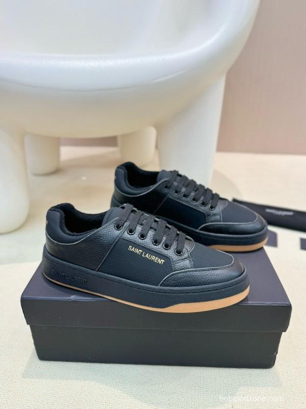 2024 Unisex Yves Saint Laurent Black Silk Leather Casual Shoes Embossed Logo MJ00350