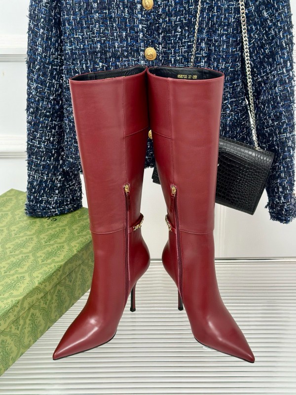 2024 Women Gucci red leather high heel knee boots