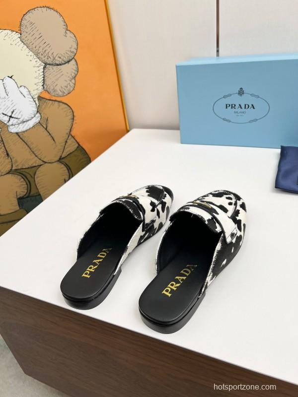 2025 Women Prada Black White Calf Hair Loafers LY00260