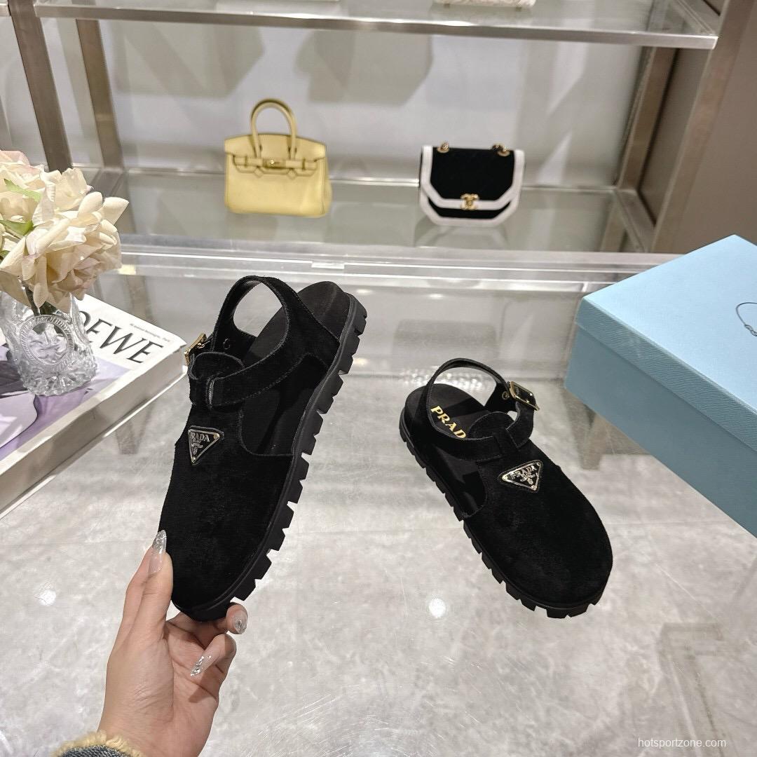 2025 Women Prada Black Suede Sandals LY00270