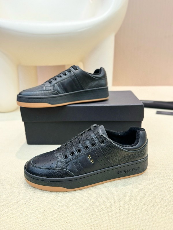 2024 Unisex Yves Saint Laurent Black Silk Grain Leather SL61 Casual Series Perforated MJ00350
