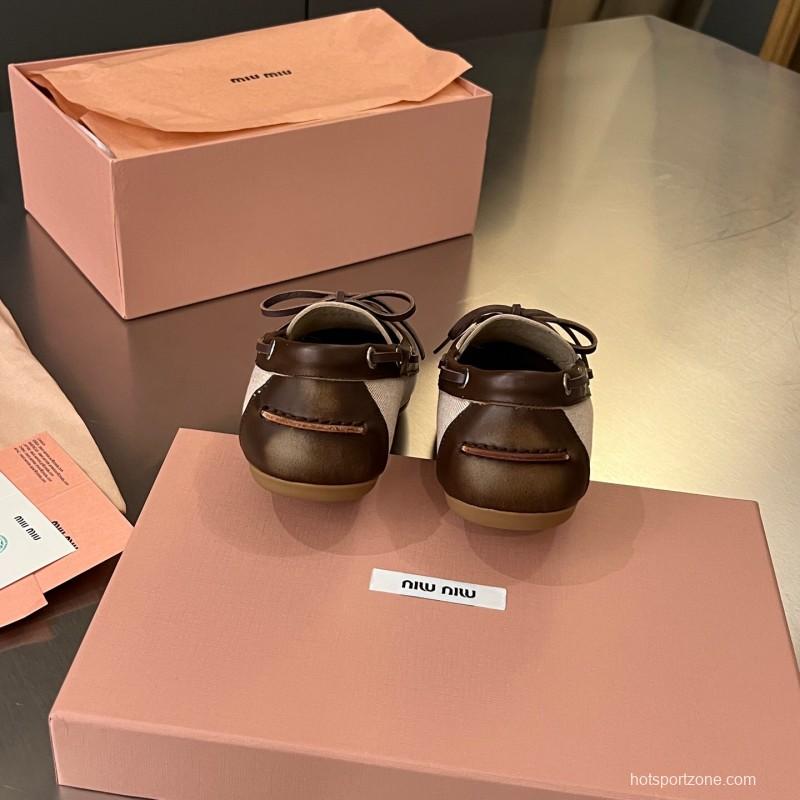 2025 Women Miu Miu Brown Beige Leather Canvas Loafers LY00230