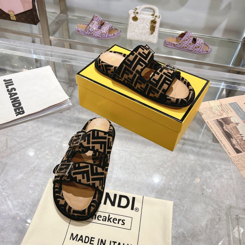 2025 Fendi Black Beige Fabric Slippers FF Buckle KFY00250