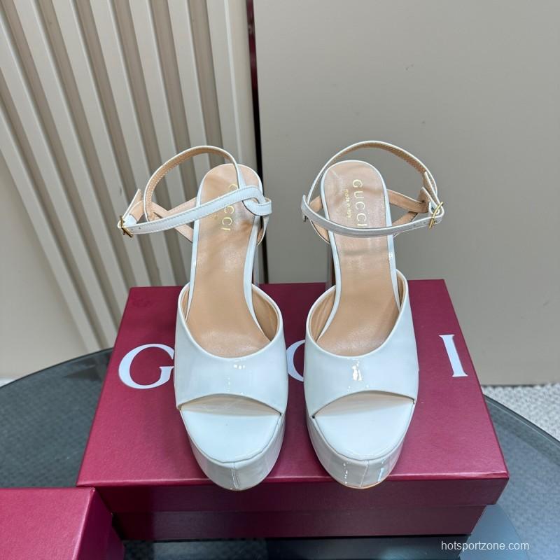 2025 Women Gucci White Leather Platform Sandals