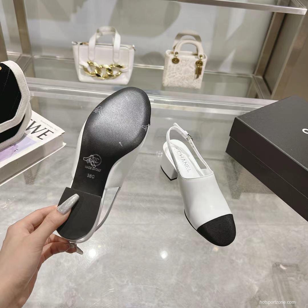 2025 Women Chanel White Black Leather Slingback Sandal LY00300