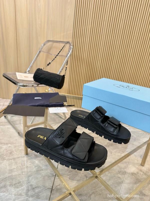 2025 Women Prada Black Leather Slippers