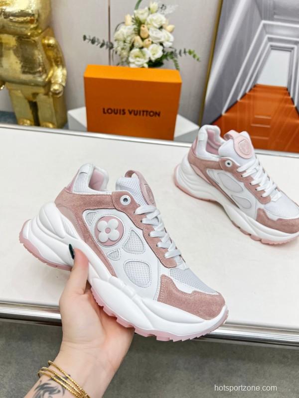 2025 Women Louis Vuitton White Pink Suede Mesh Sneakers LY00340