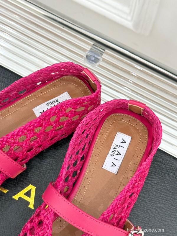 2025 Women AlAIA Pink Woven Leather Mary Jane