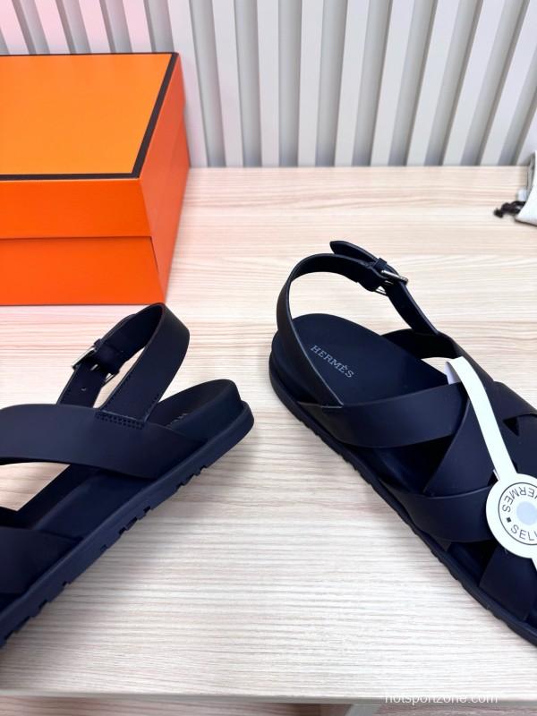 2025 Slippers Hermès Black Leather Sandals