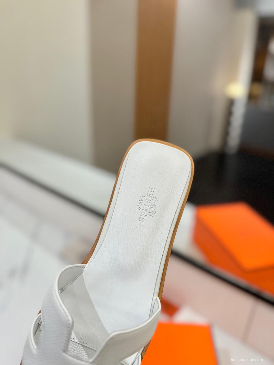 2025 Women Hermès White Leather Slippers