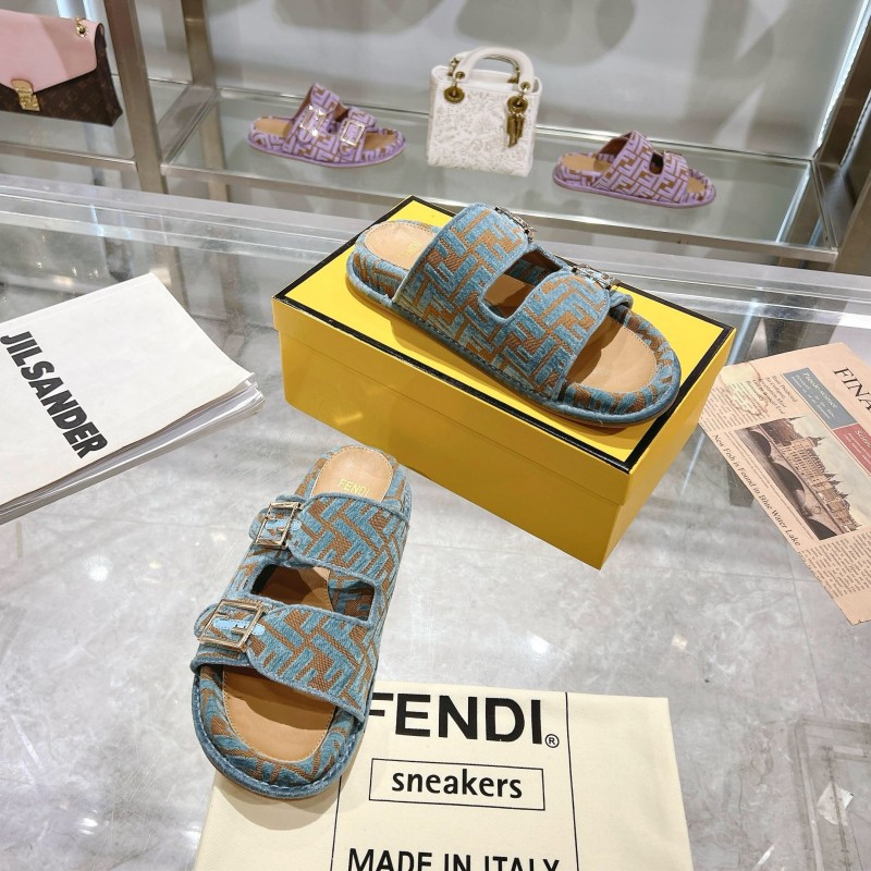 2025 Fendi Blue Beige Fabric Leather Slippers KFY00250