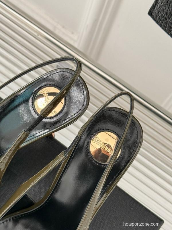 2024 Women Yves Saint Laurent Olive Green Gold Calf Leather Slingback Gemstone High Heels MJ00330
