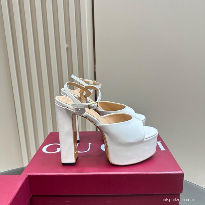 2025 Women Gucci White Leather Platform Sandals