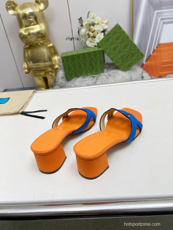 2025 Gucci Orange Blue Leather Slippers