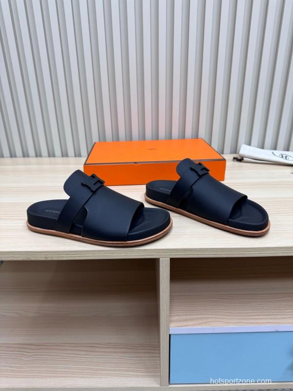 2025 Hermès Black Leather Slippers