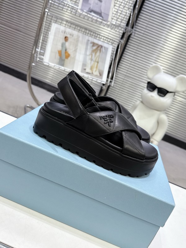 2025 Women Prada Black Leather Sandals