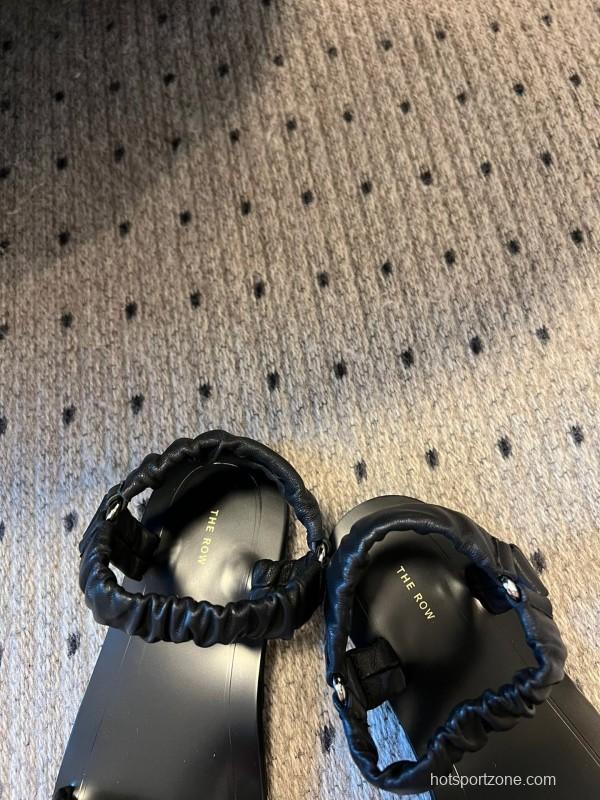 2025 Women The Row Black Leather Flat Sandals KFY00270