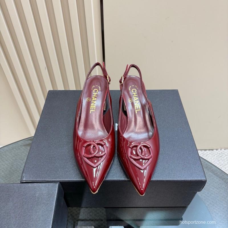 2025 Women Chanel Burgundy Patent Leather Slingback Pumps