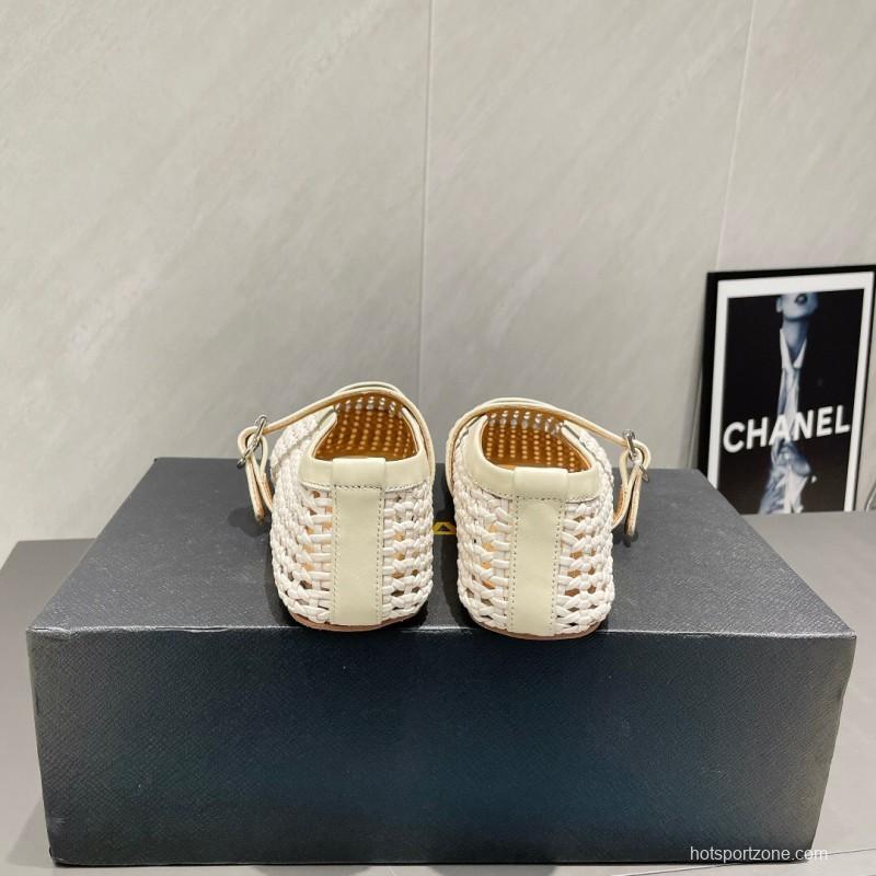 2025 Women Alaïa White Leather Woven Mary Jane Flat Shoes LY00360(F)