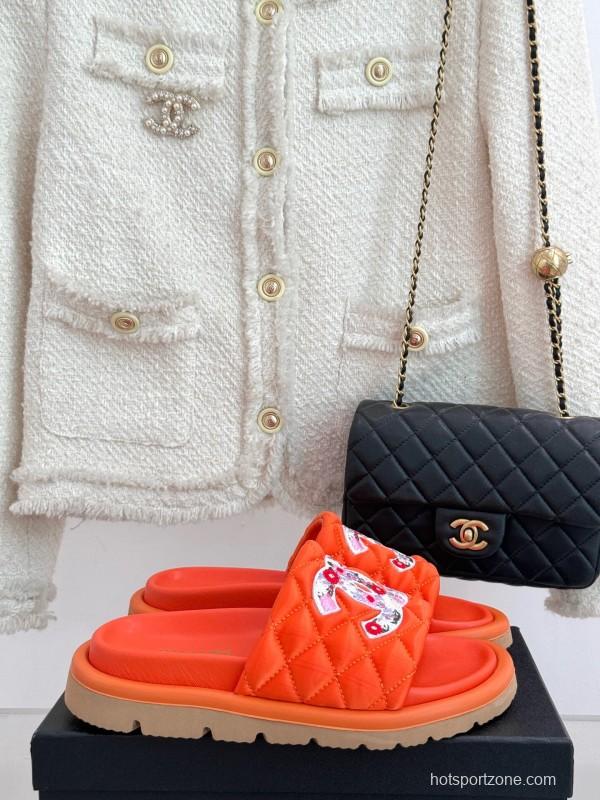 2025 Slippers Chanel Orange Leather Slippers KFY00260