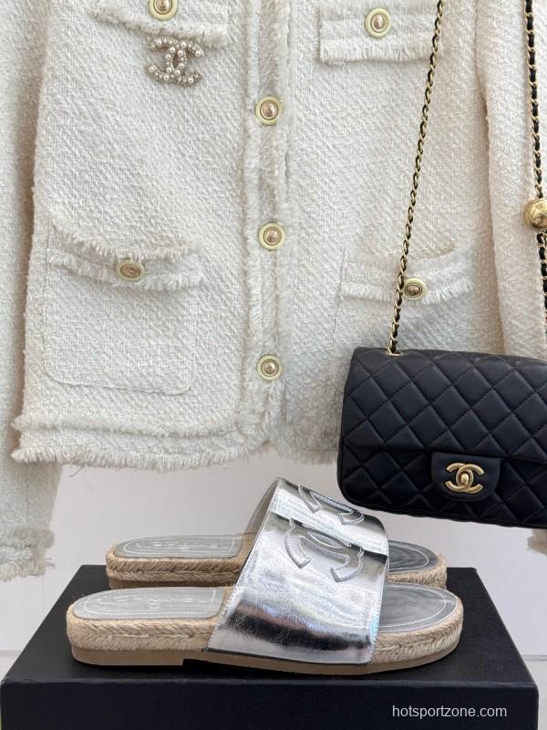2025 Slippers Chanel Silver Leather Espadrille CC KFY00230