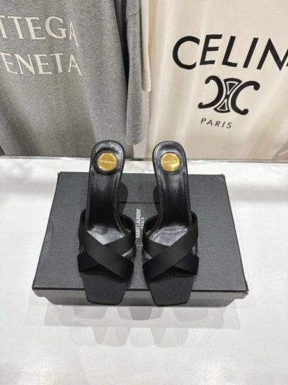 2025 Women Yves Saint Laurent Black Leather High Heel Slide Sandals With Gold Medallion Detail - LY00360(F)