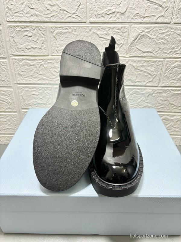 2024 Women Prada Black Patent Leather Ankle Boots MJ00360