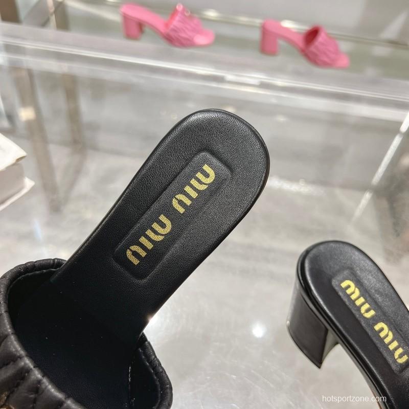 2025 Women Miu Miu Black Leather Sandals