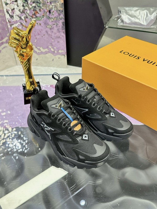2025 Men Louis Vuitton Black Mesh Leather Sneakers MJ00420
