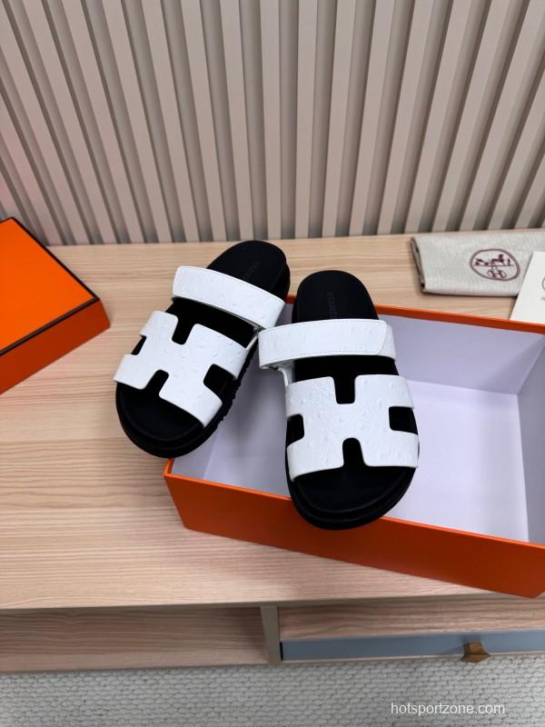 2025 Slippers Hermès Black White Leather Slippers