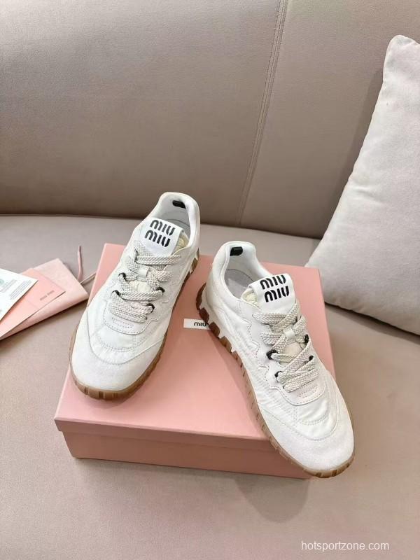 2025 Women Miu Miu White Beige Leather Nylon Casual Shoes KFY00280