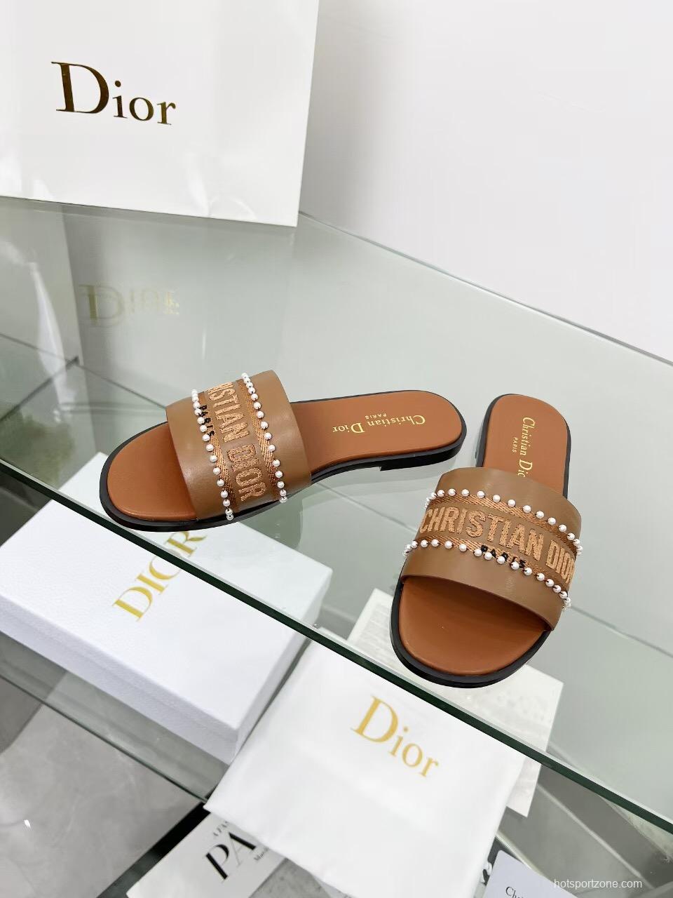 2025 Slippers Dior Brown Leather Women Slide Pearl LY00190