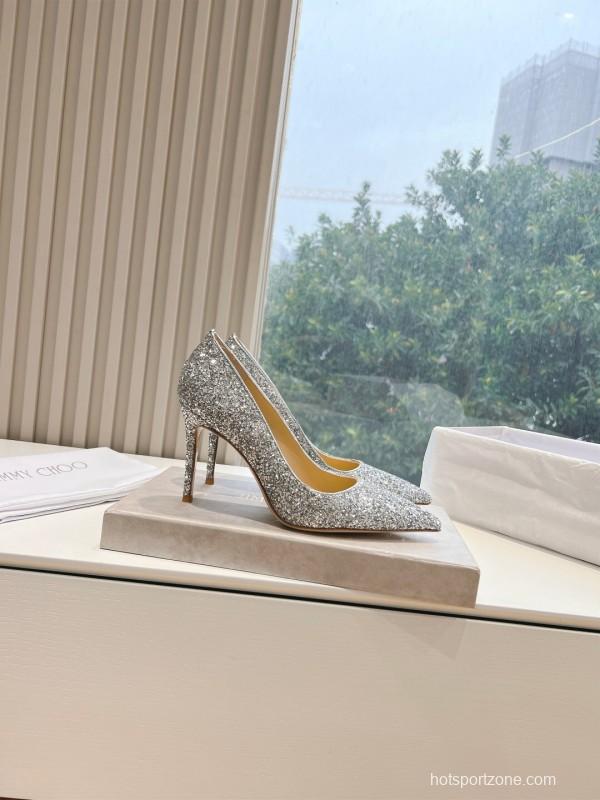 2025 Women Jimmy Choo Silver Glitter Leather Pointed Toe Pumps