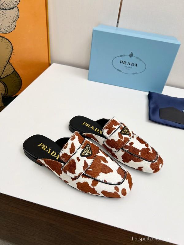 2025 Women Prada Brown White Calf Hair Leather Slippers LY00260