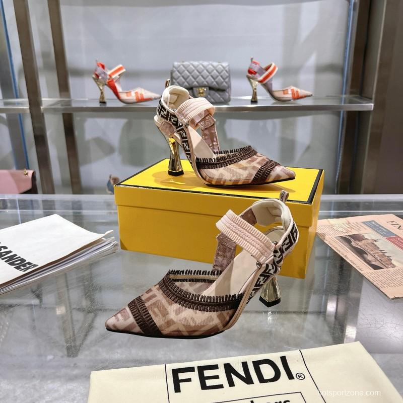 2025 Women Fendi Beige Brown Fabric Leather High Heels MJ00280