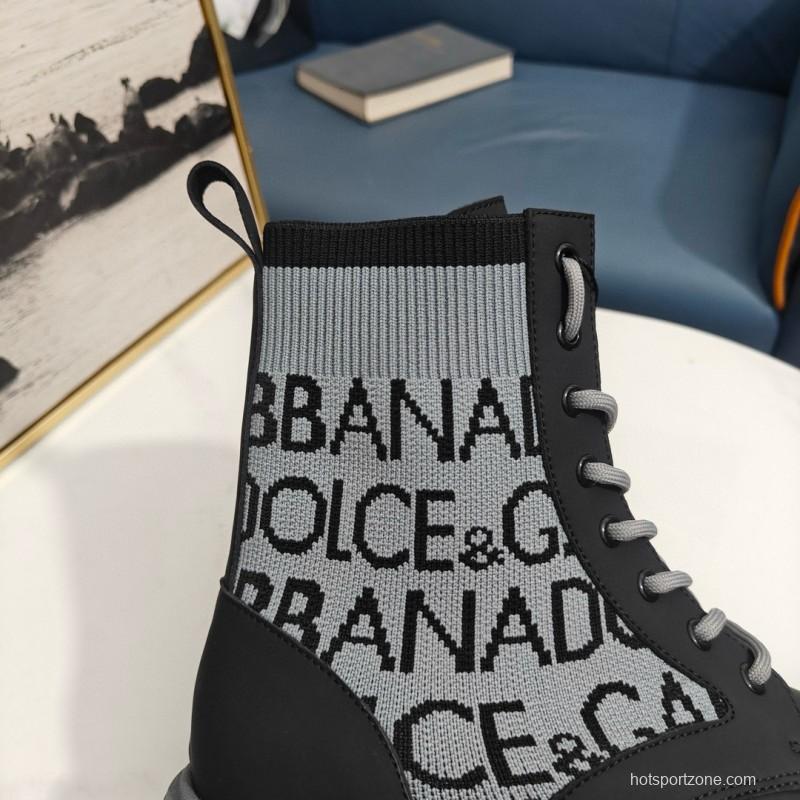 2024 Unisex Dolce & Gabbana Black Light Grey Fabric Leather Boots