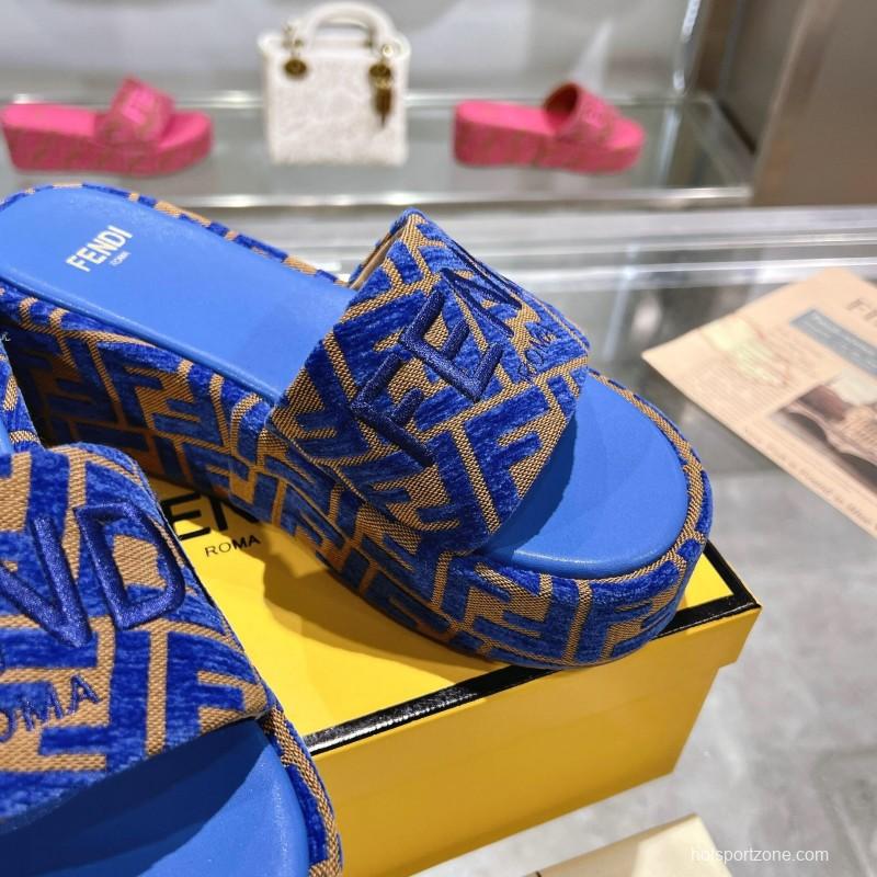 2025 Slippers Fendi Blue Brown Fabric FF Jacquard Platform