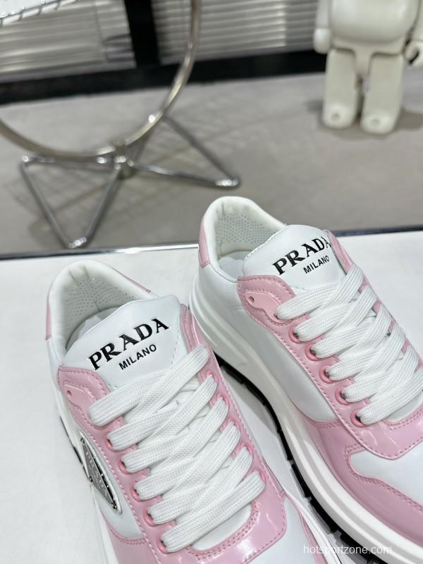 2025 Women Prada White Pink Leather Sneakers
