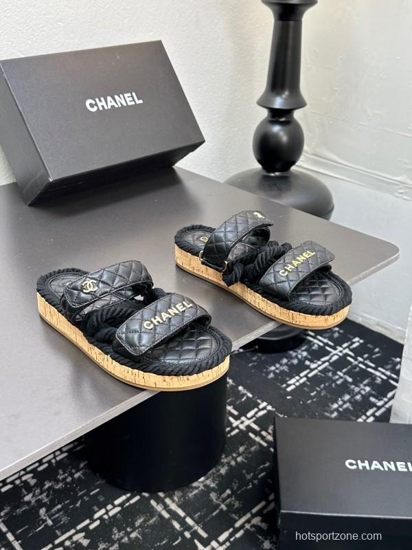 2025 Slippers Chanel Black Leather Cork Sole Sandal LY00250