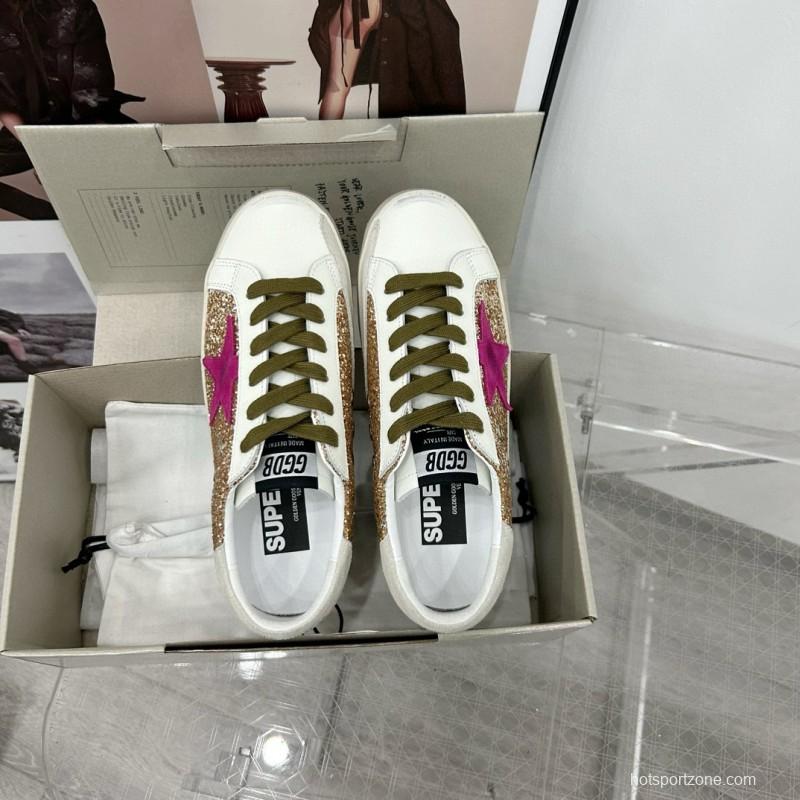 2025 Women GGDB White Gold Pink Glitter Leather Sneakers