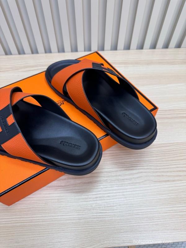 2025 Slippers Hermès Orange Black Leather Slippers
