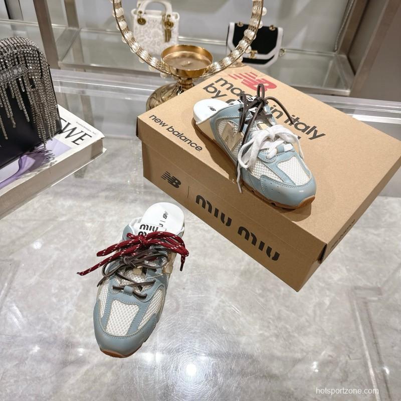 2025 Women Miu Miu Blue White Beige Leather Mesh Sneakers
