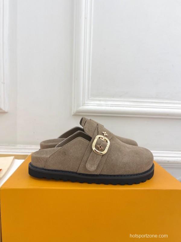 2025 Women Louis Vuitton Brown Suede Slippers Flower Buckle KFY00300