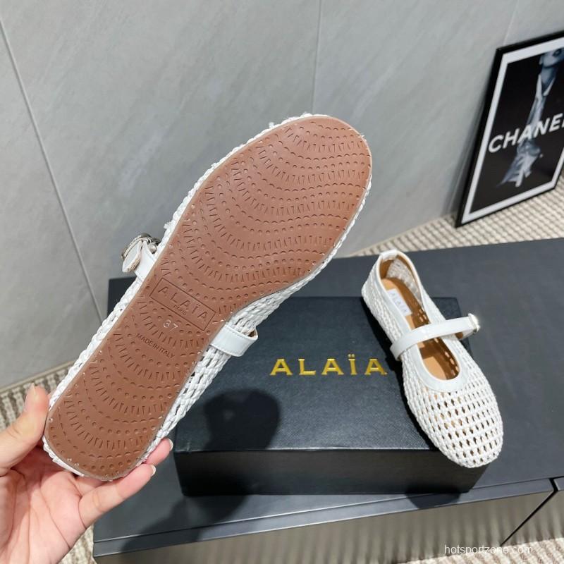 2025 Women Alaïa White Woven Leather Flat Mary Jane Shoes LY00360(F)