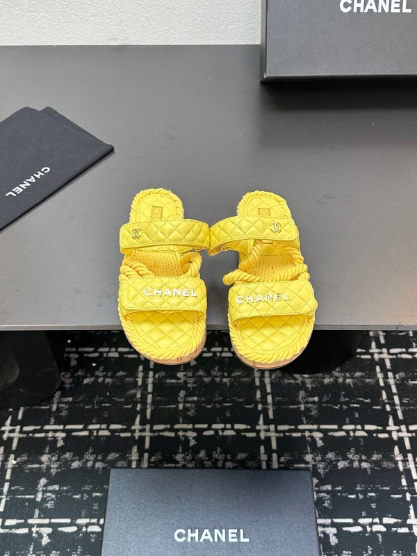 2025 CHANEL Yellow Quilted Fabric Slippers