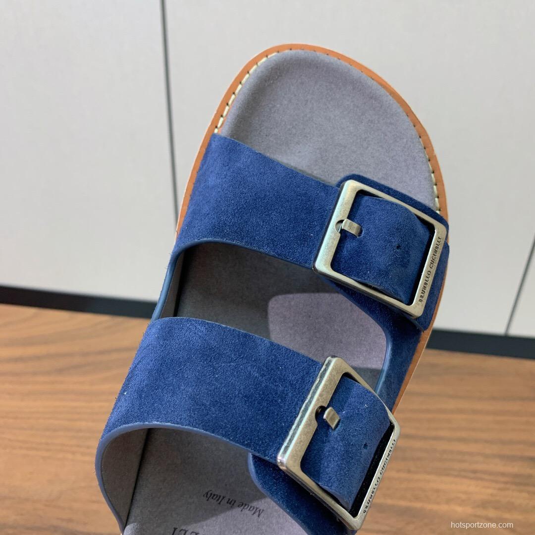 2025 Unisex Brunello Cucinelli Blue Suede Leather Slippers KFY00250